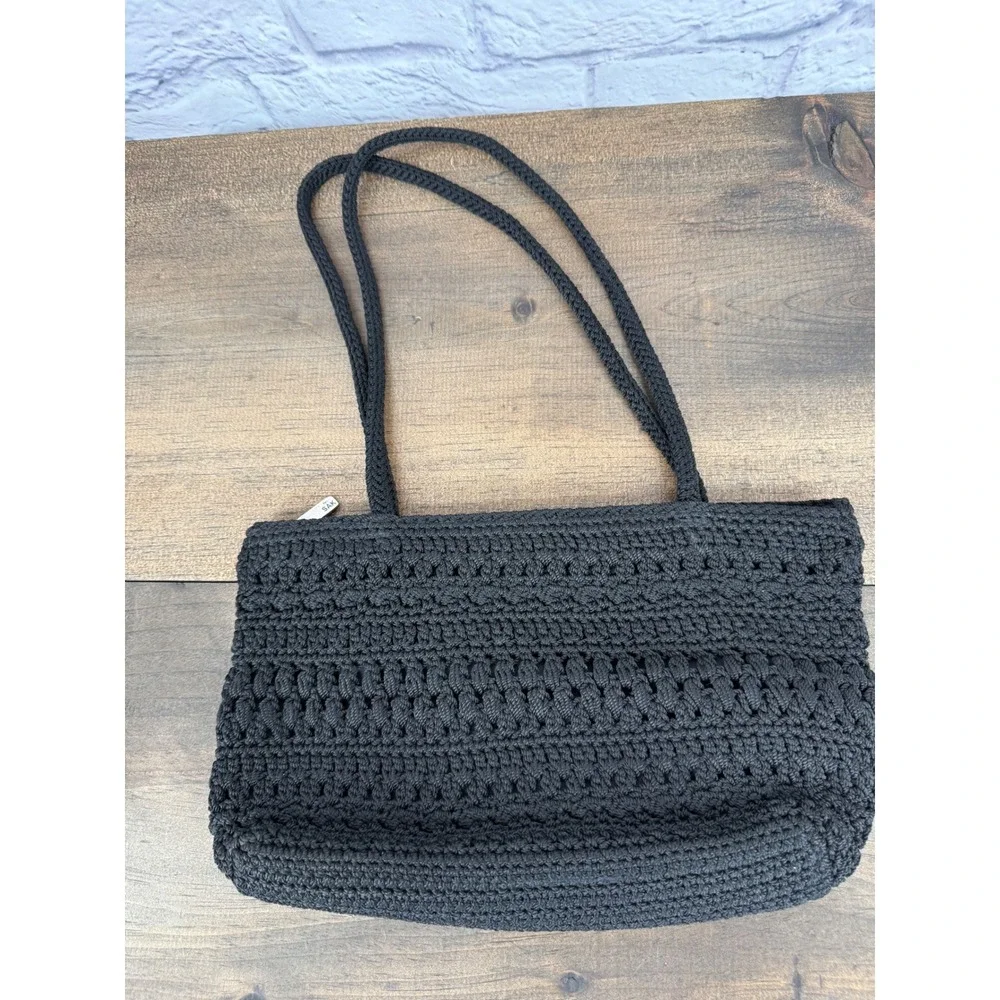 The Sak Black Crochet Shoulder Bag Small Boho Woven Zip Top Purse Silver Charm
